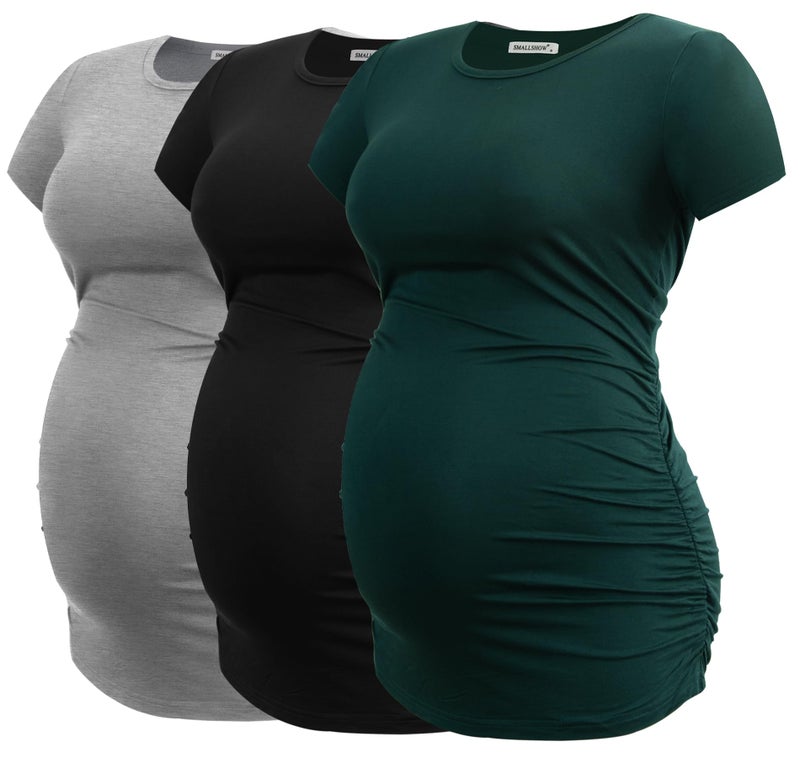 Smallshow Womens Maternity Shirt Side Ruched Tunic Pregnancy Top Clothes 3Pack BlackLight GreyDeep Green XXLarge