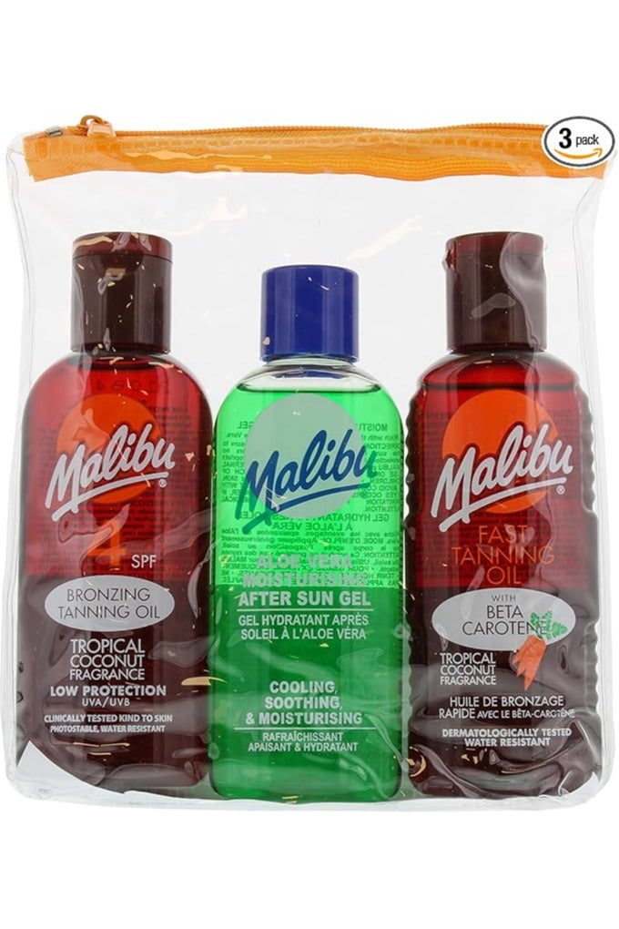Malibu أساسيات السفر لتسمير الشمس السريع، SPF 4 زيت برونزي وزيت بيتا كاروتين، جل الألوة فيرا المهدئ بعد الشمس، مقاوم للماء، عطر جوز الهند الاستوائي، عبوة متعددة، 3 × 100 مل - Image 1