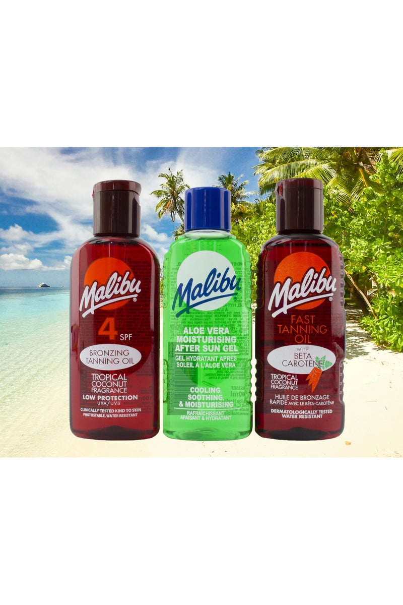 Malibu أساسيات السفر لتسمير الشمس السريع، SPF 4 زيت برونزي وزيت بيتا كاروتين، جل الألوة فيرا المهدئ بعد الشمس، مقاوم للماء، عطر جوز الهند الاستوائي، عبوة متعددة، 3 × 100 مل - Image 2