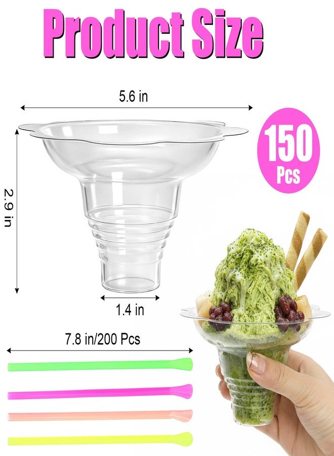 ZENFUN 150 Pack Clear Flower Snow Cone Cups with 200 Cone Spoon Straws, Reusable 4oz Snow Bowl, Plactic Leak proof Snow Cone Supply, Ice Cream Bowls, Shaved Ice Drip Cups for Holiday, Party - Image 2