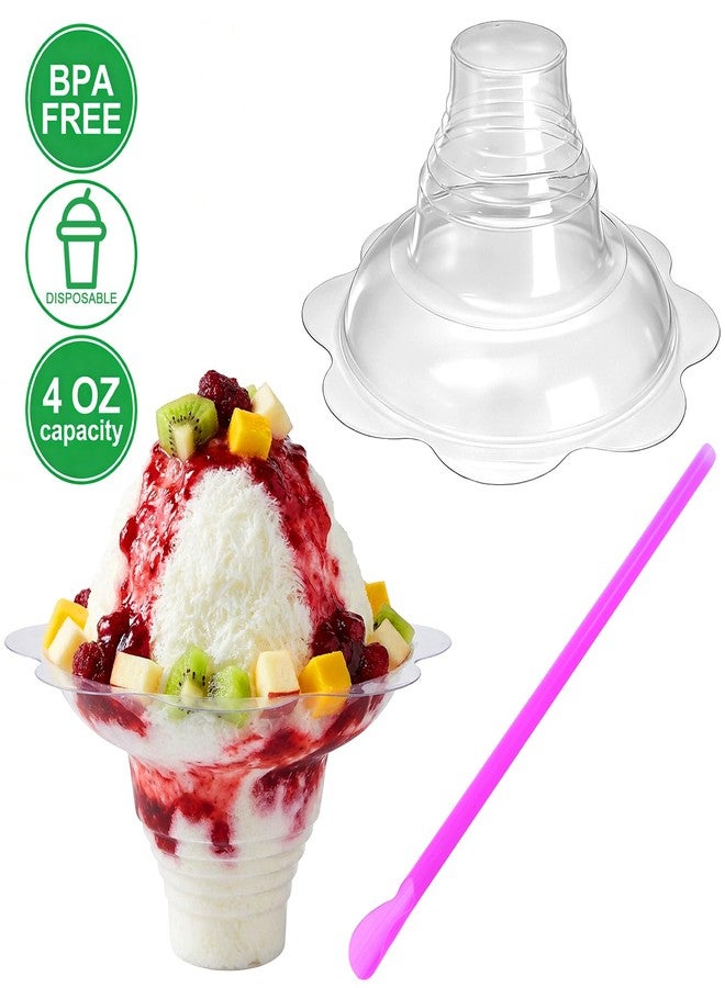 ZENFUN 150 Pack Clear Flower Snow Cone Cups with 200 Cone Spoon Straws, Reusable 4oz Snow Bowl, Plactic Leak proof Snow Cone Supply, Ice Cream Bowls, Shaved Ice Drip Cups for Holiday, Party - Image 3