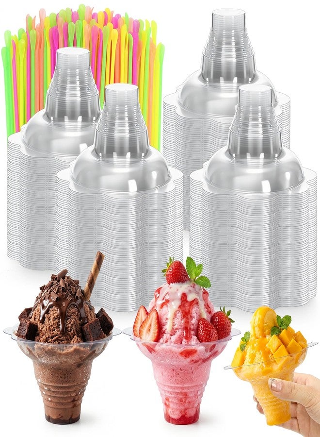 ZENFUN 150 Pack Clear Flower Snow Cone Cups with 200 Cone Spoon Straws, Reusable 4oz Snow Bowl, Plactic Leak proof Snow Cone Supply, Ice Cream Bowls, Shaved Ice Drip Cups for Holiday, Party - Image 1