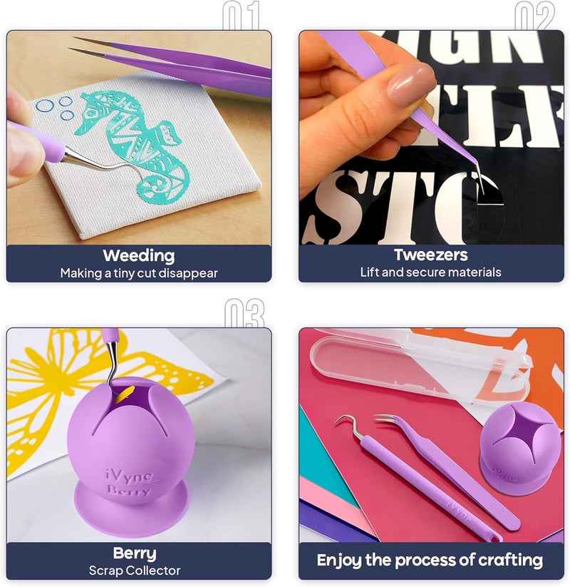 iVyne Berry and Silicone Weeding Tools - Suction Vinyl Weeder, Craft Tweezer, Scrap Collector Holder, Storage for Cricut, Silhouette Accessories - Purple - Image 4