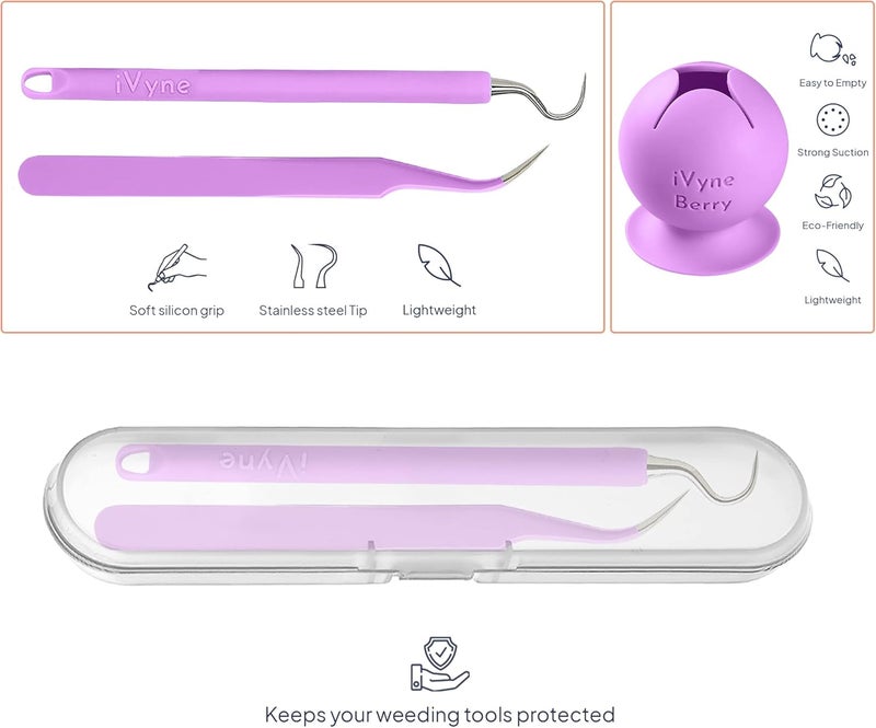 iVyne Berry and Silicone Weeding Tools - Suction Vinyl Weeder, Craft Tweezer, Scrap Collector Holder, Storage for Cricut, Silhouette Accessories - Purple - Image 3