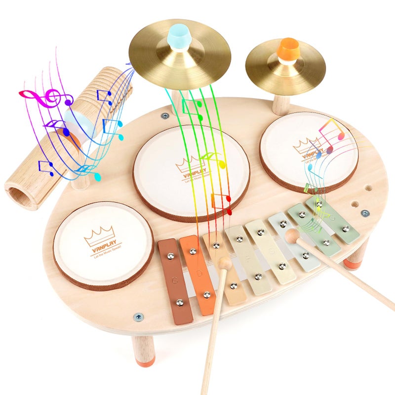 Vanplay Drum Set for Toddler Toys for 2 3 4 Year Old Girls Boy Gifts 9 in 1 Wooden Montessori Musical Instruments with Xylophone for Kids 35 Christmas Birthday Gifts for Toddlers 24 - Image 4