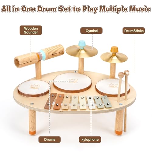 Vanplay Drum Set for Toddler Toys for 2 3 4 Year Old Girls Boy Gifts 9 in 1 Wooden Montessori Musical Instruments with Xylophone for Kids 35 Christmas Birthday Gifts for Toddlers 24 - Image 5