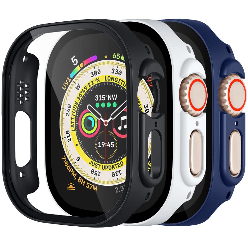 Charlam Compatible with Apple Watch Ultra Screen Protector 49mm iWatch Case, 3 Pack Full Protective Ultra-Thin Hard PC Bumper Scratch Resistant HD Protective Face Cover, Black/NavyBlue/White,49mm - Image 1