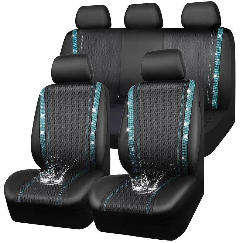 CAR PASS Bling Car Seat Covers Full Set Shining Rhinestone Diamond Waterproof Faux Leather Universal Fit 95 Automotive Glitter Crystal Sparkle Strips for Cute Women Girl Full Set Mint Diamond