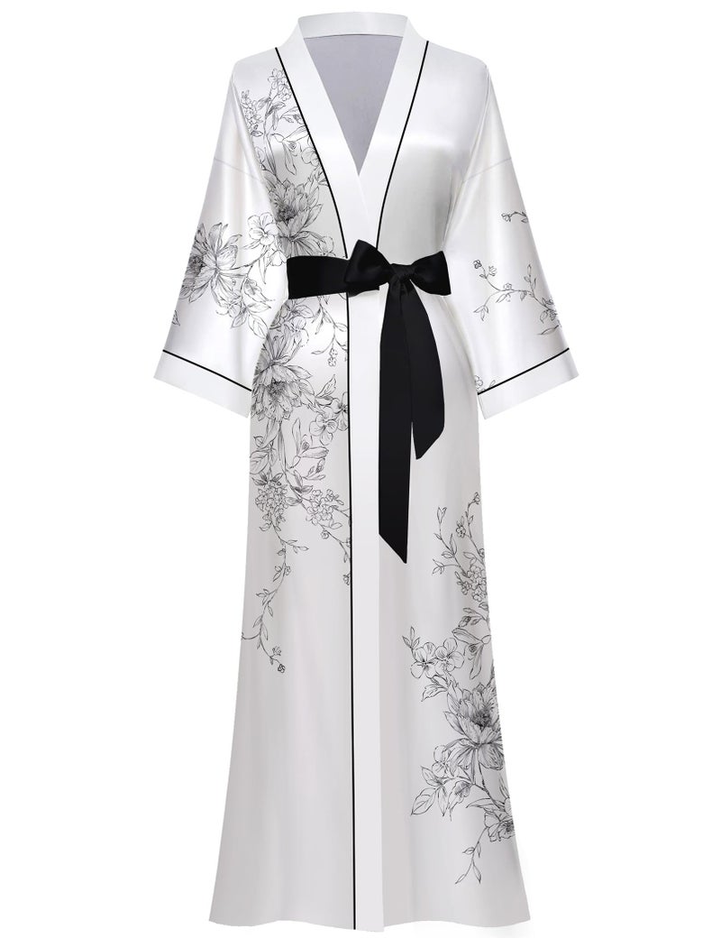 Kihnop Women's Floral Long Kimono Robe - Satin and Silk Ladies Kimono for Bachelorette, One Size - Image 1