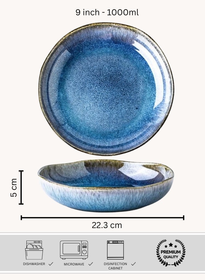 Clink Deep Ceramic Dinner Plate 1000ml, Premium Large Deep Porcelain Plate 9 inch, Azure Blue Round Handcrafted Pasta Bowl Plate, Perfect for Steak, Pasta, Salad, Main Courses - Image 1