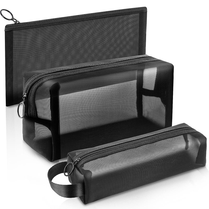 Daisiki Mesh Pencil Case 3 Pack Clear Pencil Pouch Pencil Bag Cosmetic Toiletry Bag for Purse College Essentials School Supplies Black