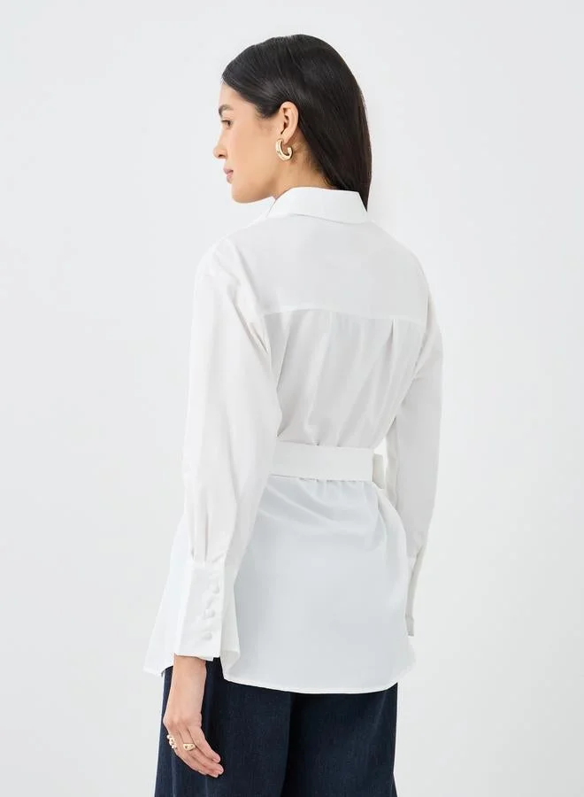 Styli White Styli Solid Belted Long Sleeves Shirt for Women | Best Price UAE