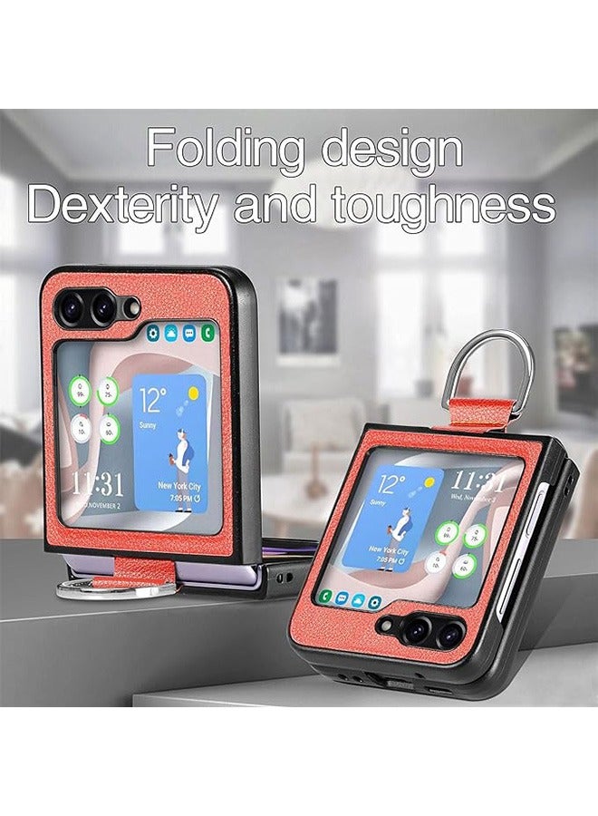 Samsung Galaxy Z Flip5 (5G) Case Cover with Ring Holder, PU Leather + Hard PC Silicone Cover Slim Thin Shockproof Protector Non-Slip Durable Matte Phone Cases for Samsung Z Flip 5 (Orange)  - Image 3