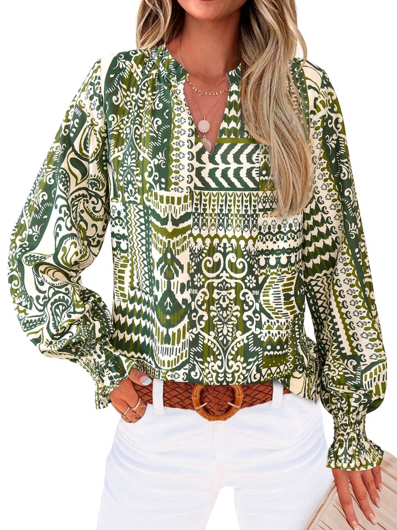 MASCOMODA Womens V Neck Floral Long Sleeve Tops 2026 Summer Casual Loose Puff Sleeve Chiffon Boho Work Blouse Dressy T Shirts(Floral Grass Green,Small) - Image 1