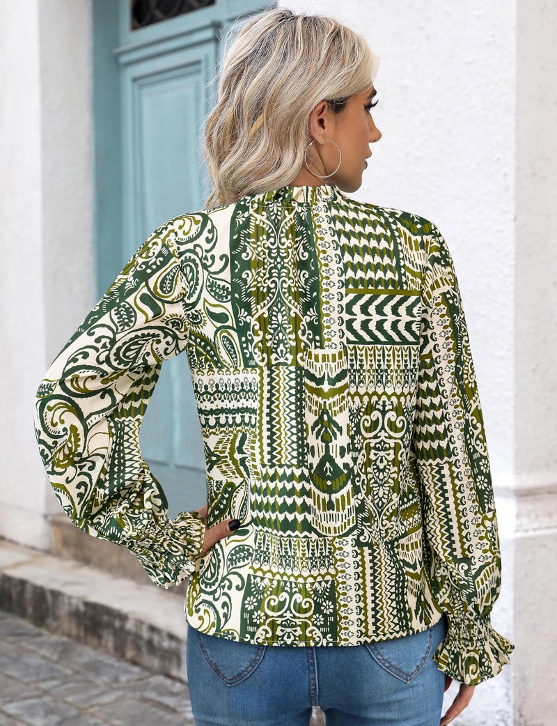 MASCOMODA Womens V Neck Floral Long Sleeve Tops 2026 Summer Casual Loose Puff Sleeve Chiffon Boho Work Blouse Dressy T Shirts(Floral Grass Green,Small) - Image 5