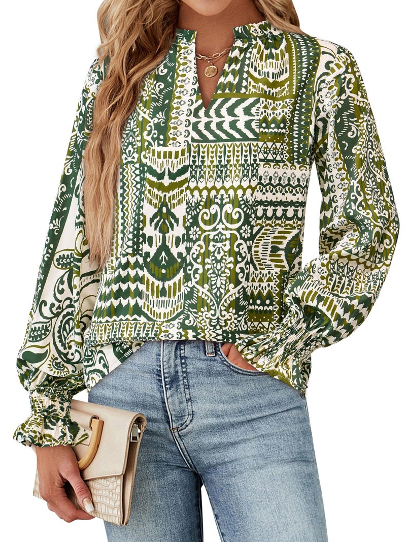 MASCOMODA Womens V Neck Floral Long Sleeve Tops 2026 Summer Casual Loose Puff Sleeve Chiffon Boho Work Blouse Dressy T Shirts(Floral Grass Green,Small) - Image 2