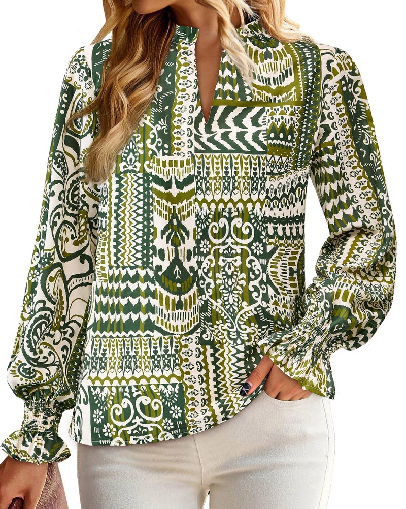 MASCOMODA Womens V Neck Floral Long Sleeve Tops 2026 Summer Casual Loose Puff Sleeve Chiffon Boho Work Blouse Dressy T Shirts(Floral Grass Green,Small) - Image 4