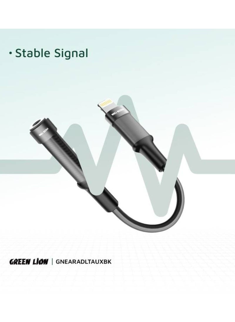 GREEN LION - Earphone Adapter Lightning to 3.5 Audio Jack, 12cm, Braided Cable, 10000 Bends Life Span, TPE + Aluminum Alloy - Black - Image 1