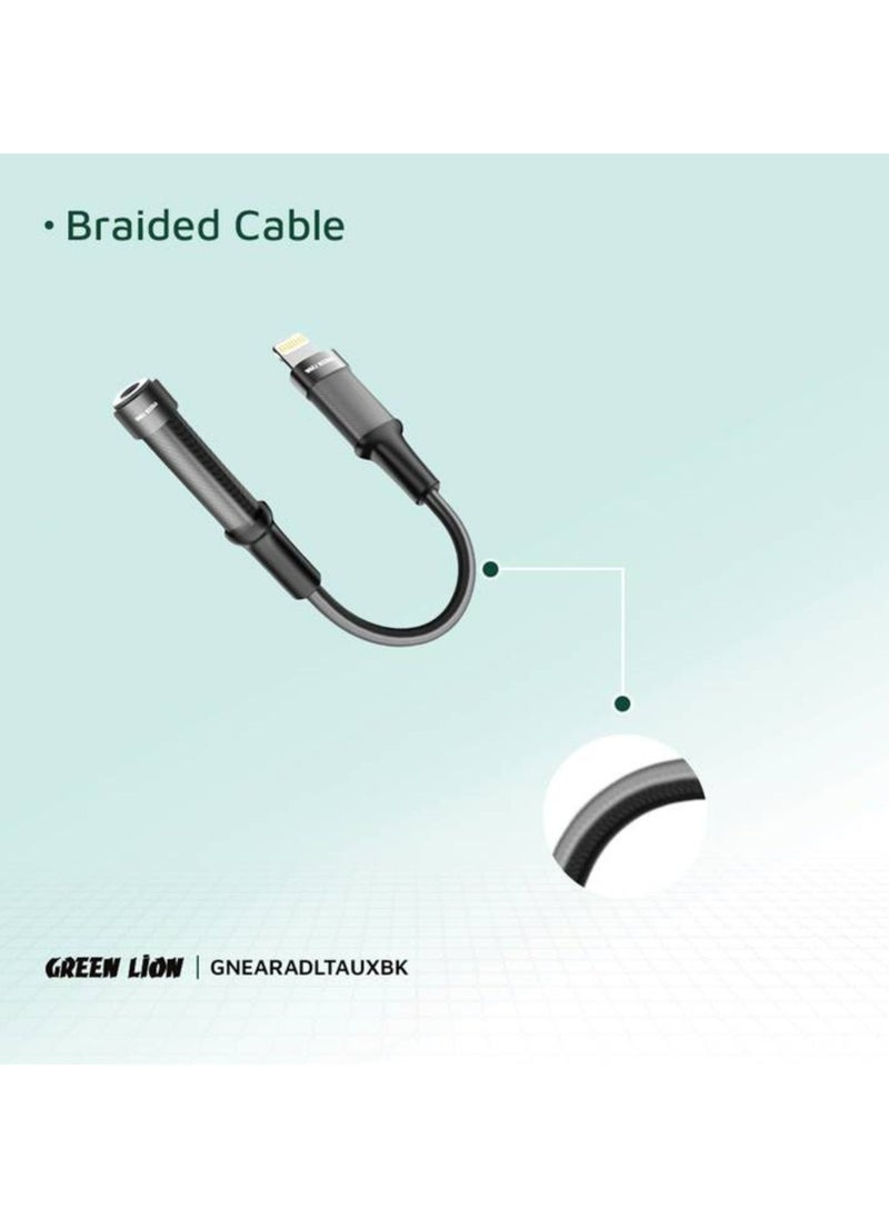 GREEN LION - Earphone Adapter Lightning to 3.5 Audio Jack, 12cm, Braided Cable, 10000 Bends Life Span, TPE + Aluminum Alloy - Black - Image 1