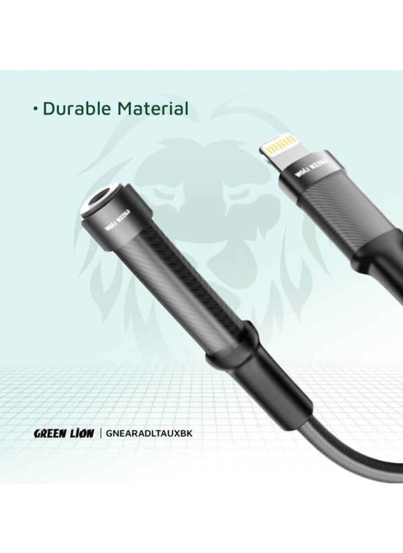 GREEN LION - Earphone Adapter Lightning to 3.5 Audio Jack, 12cm, Braided Cable, 10000 Bends Life Span, TPE + Aluminum Alloy - Black - Image 1