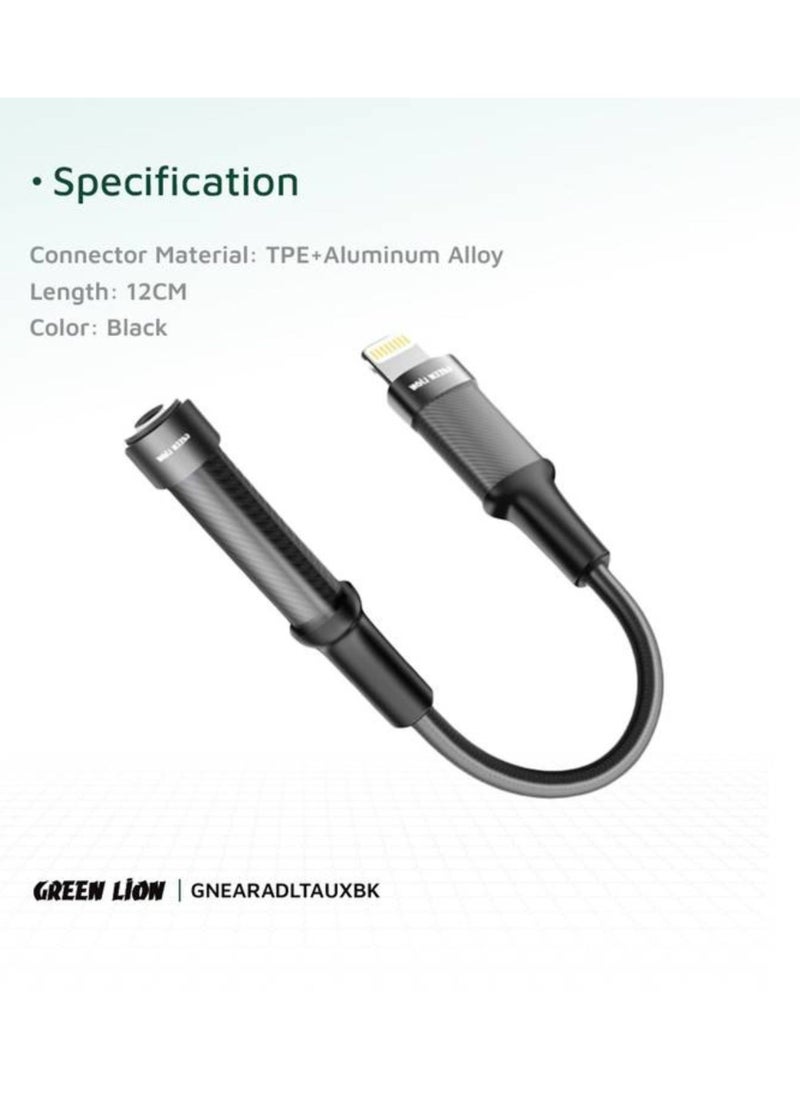 GREEN LION - Earphone Adapter Lightning to 3.5 Audio Jack, 12cm, Braided Cable, 10000 Bends Life Span, TPE + Aluminum Alloy - Black - Image 1