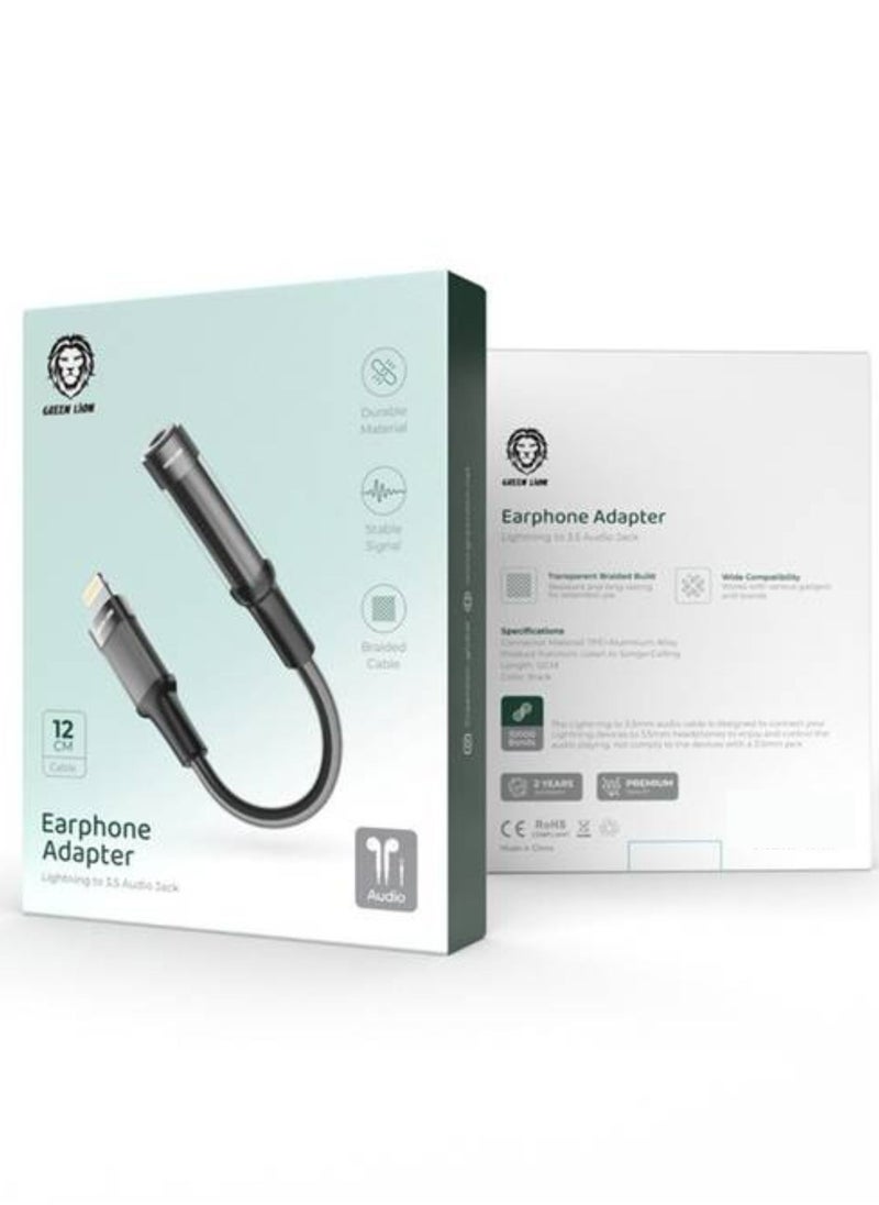 GREEN LION - Earphone Adapter Lightning to 3.5 Audio Jack, 12cm, Braided Cable, 10000 Bends Life Span, TPE + Aluminum Alloy - Black - Image 1
