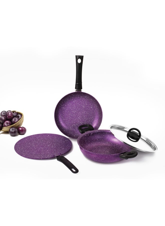 Alda Non Stick Cookware set  (Wok with Lid, Fry Pan, Crepe Pan) - Plum 3mm Induction Friendly | 1 Year Warranty - Image 1