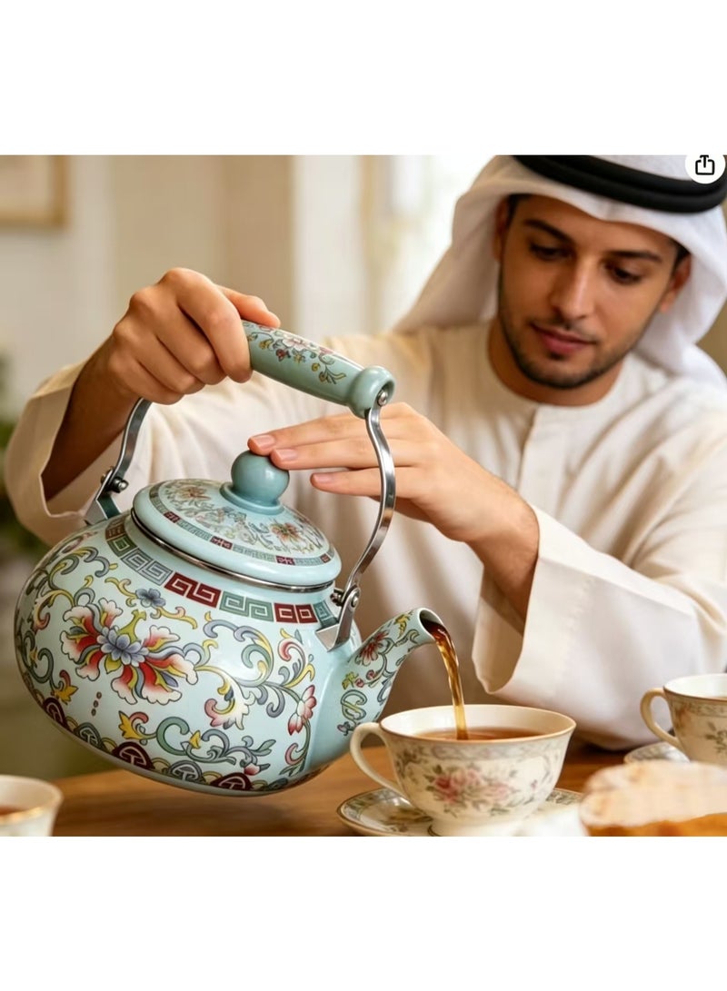إبريق ماء من الفولاذ المطلوي بالمينا بنقوش زهريّة عتيقة سعة 2.5 لتر، مزود بمقبس سيراميك مريح، إبريق شاي ملون مطلي بالمينا - Image 2