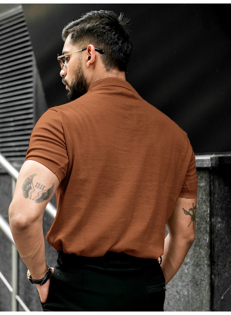 Maniac Maniac Mens Solid Textured Polo Neck Half Sleeve Brown Cotton T-Shirt  - Image 5