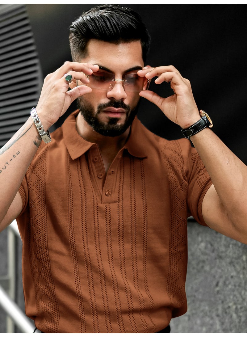 Maniac Maniac Mens Solid Textured Polo Neck Half Sleeve Brown Cotton T-Shirt  - Image 2