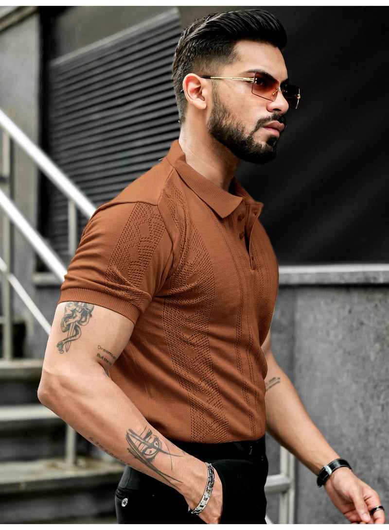 Maniac Maniac Mens Solid Textured Polo Neck Half Sleeve Brown Cotton T-Shirt  - Image 3