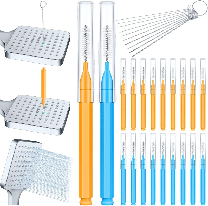 Shower Cleaner Kit: 20-Piece Set With 10 Sizes Stainless Steel Picks, Spiral Bristle Brushes - Dual Unclogging Design, Protective Caps for Shower Heads, 3D Printer Hoses, Car Washer Spray Openings - Image 2