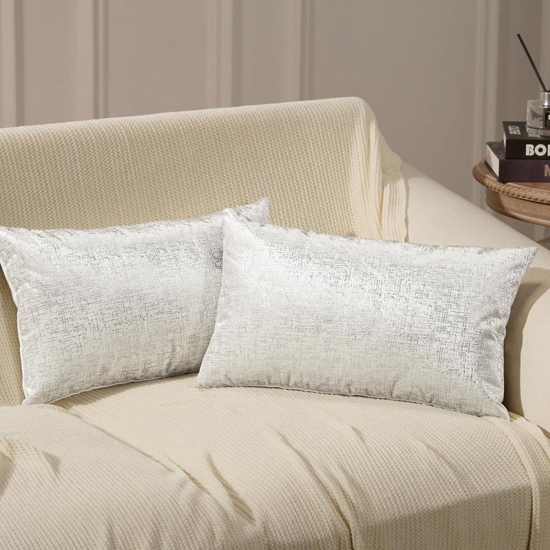 Phantoscope Pack of 2 Sparkling Velvet Decorative, Silver and White Decorative Velvet Pillow Cover, Solid Square Cushion Cover Pillowcase for Couch Bed and Chair, White, 12 x 20 inches, 30 x 50 cm - Image 1