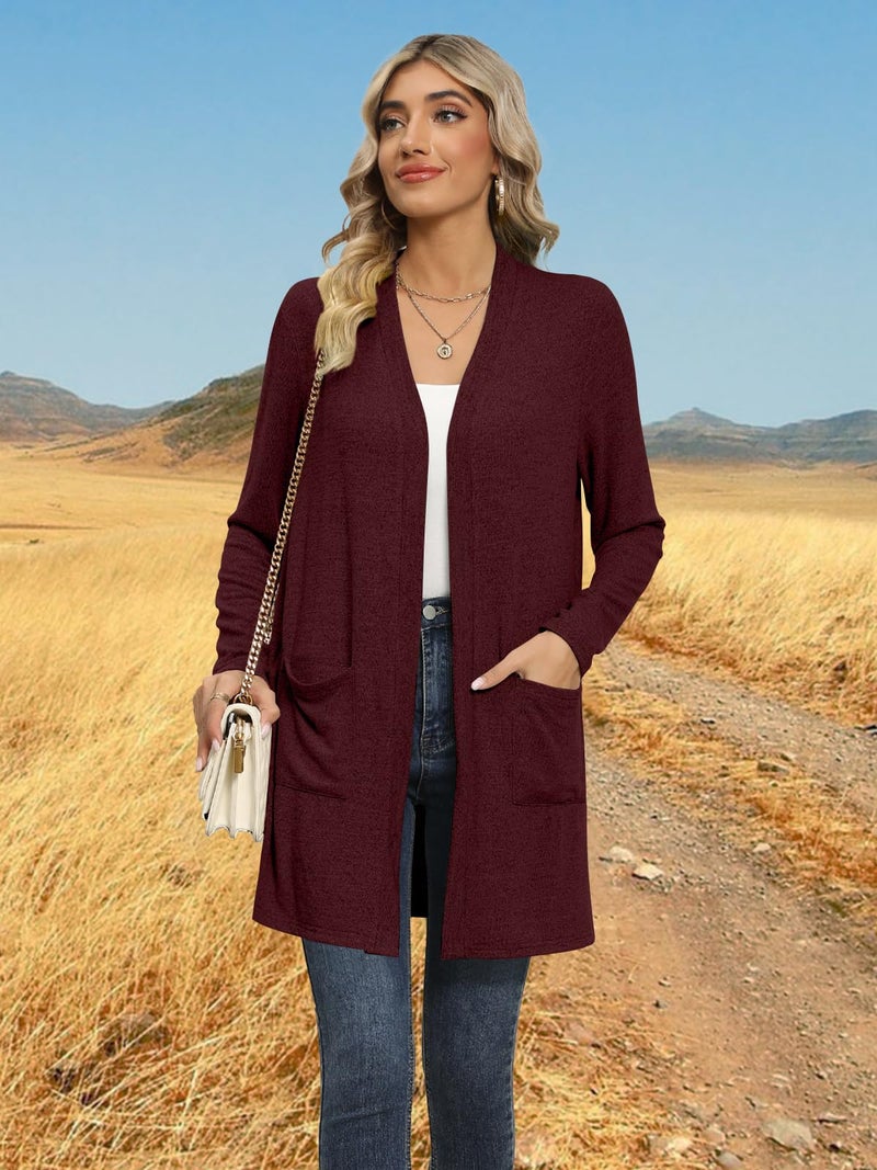 DB MOON Womens Long Cardigan Light Weight Sweater Long Sleeve Lightweight Open Front Fall Outfits with Pockets L, Wine Red - Image 3