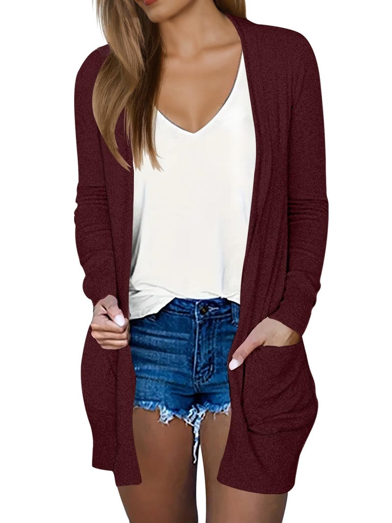 DB MOON Womens Long Cardigan Light Weight Sweater Long Sleeve Lightweight Open Front Fall Outfits with Pockets L, Wine Red - Image 1