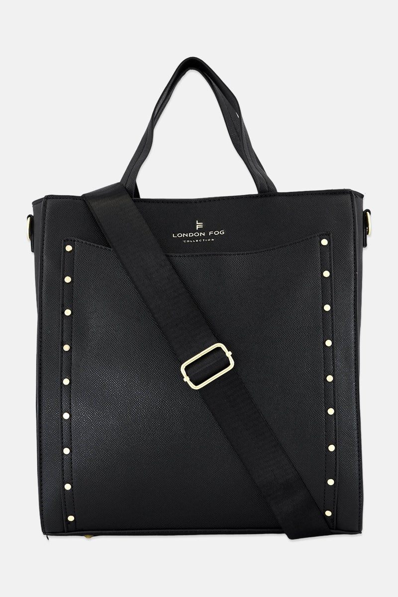 London Fog Women Sophia Studded Brand Logo Tote Bag, Black - Image 1