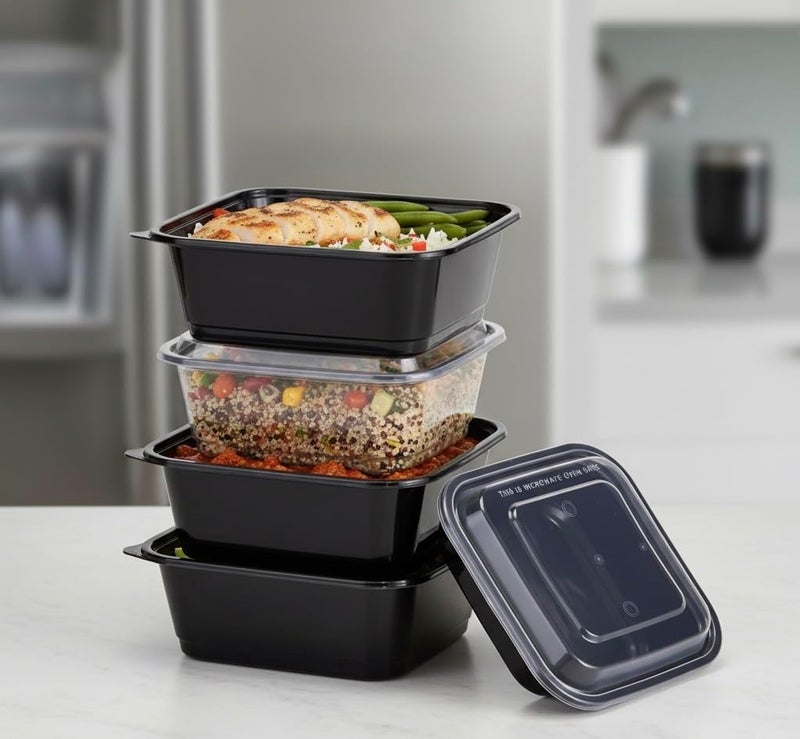 Disposable Meal Prep Containers with Lids, Black Plastic Food Storage Containers, 1000ml, Microwave Freezer Dishwasher Safe, Stackable Portion Control Lunch Boxes, 10 Pack - Image 2