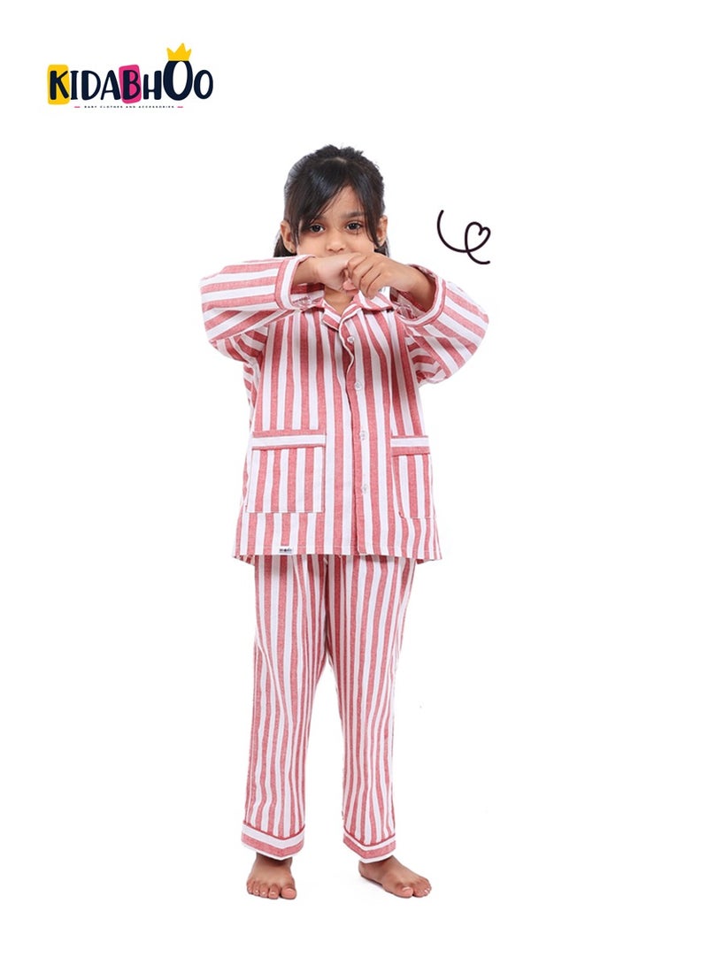 كيدابهو طقم بيجامات أطفال - حلاوة مخططة باللونين الوردي والأبيض 2 قطعة - Image 1