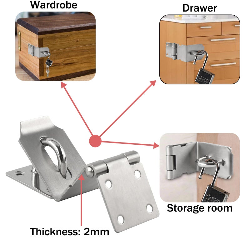 HOWDIA 4 Inch Door Lock Latch Padlock Hasp Set  90 Degree Latch Lock With Screws And Padlock Stainless Steel Safety Right Angle Padlock Hasp Locking Latch Security Door Clasp Hasp For Shed/Gate/Storage Lock - Image 4