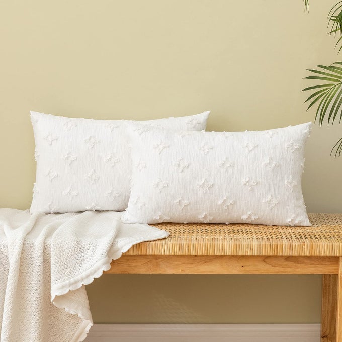 DECORATIVE THROW PILLOW COVERS RHOMBIC JACQUARD PILLOWCASE CUSHION CASE RECTANGLE FOR COUCH SOFA BED LIVING ROOM BEDROOM SET OF 2 12X20 INCH WHITE