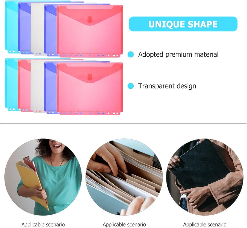 10pcs Pp File Pockets Document Organizer with 11 Holes and Hook-and-Loop Closure, Thick Multi-Color Document Storage Bags for Office and School Filing Random Color - Image 3