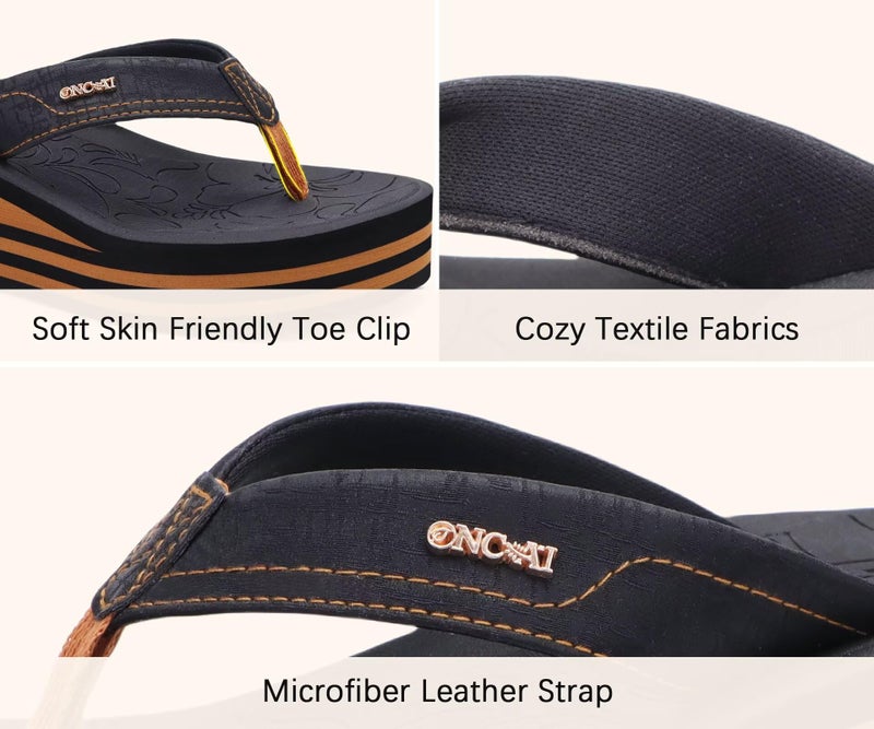 ONCAI Women's Platform Wedge Flip Flops Sandals Size 8.5 Trendy Dressy Summer Beach Vacation Pool Black/Khaki Thong Chunky Sandalias Comfy Cute Thick Waterproof Arch Support Rubber Foam Soles - Image 4