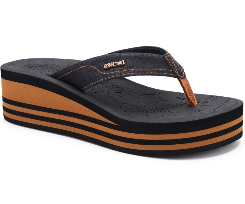 ONCAI Women's Platform Wedge Flip Flops Sandals Size 8.5 Trendy Dressy Summer Beach Vacation Pool Black/Khaki Thong Chunky Sandalias Comfy Cute Thick Waterproof Arch Support Rubber Foam Soles - Image 1