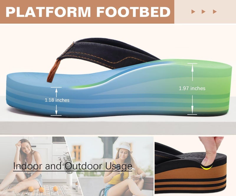 ONCAI Women's Platform Wedge Flip Flops Sandals Size 8.5 Trendy Dressy Summer Beach Vacation Pool Black/Khaki Thong Chunky Sandalias Comfy Cute Thick Waterproof Arch Support Rubber Foam Soles - Image 5