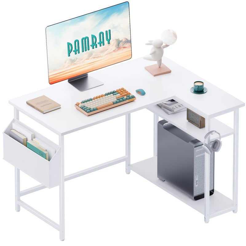 Pamray 40 Inch L Shaped Computer Desk with Reversible Side Storage Shelves, Small Corner Desk for Small Space Home Office, Writing Study Table PC Desk for Bedroom, White - Image 1