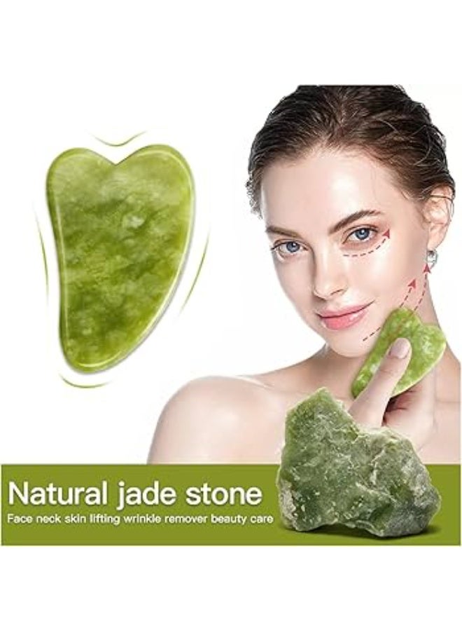 Natural jade gua sha stone facial massage tool for radiant skin, reduces puffiness and combats signs of aging. Skincare tool suitable for women, light green. - Image 2