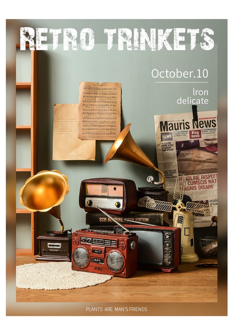 general Antique retro high-end craftwork, exquisite vintage resin display models, sturdy and not easy to damage, home decoration mini ornaments - gold telephone, tape recorder, radio, phone booth, camera (set of five) - Image 1