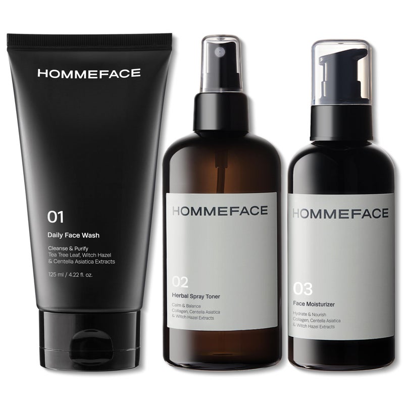 HOMMEFACE مجموعة روتين العناية اليومية للرجال من هوم فيس - 3 خطوات مع غسول الوجه، ورذاذ تونر عشبي ومرطب - تقنية العناية بالبشرة الكورية مع مستخلصات سيكا، ورق شجرة الشاي، وهazel الساحرة، لجميع أنواع البشرة - Image 1