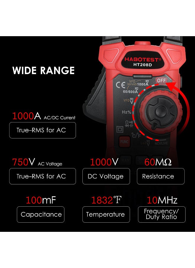 HABOTEST - AC/DC Digital Clamp Meter True-RMS Multimeter Anto-Ranging Multi Tester Current Clamp with Amp Volt Ohm Diode Capacitance Resistance Continuity NCV Temperature Duty Ratio VFD Tests - Image 1