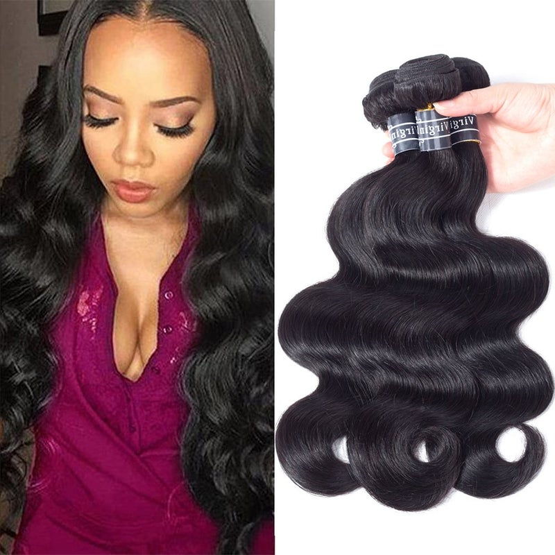 Amella Hair Grade 8A 3 Bundles of Brazilian Body Wave Hair Bundles Weave Human Remy Virgin Hair 16 18 20 Natural Black Color 285g total
